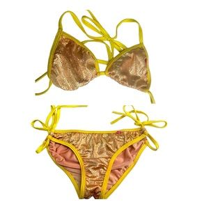 Chynna Dolls metallic yellow and gold swimsuit 2 piece micro bikini set size S/M